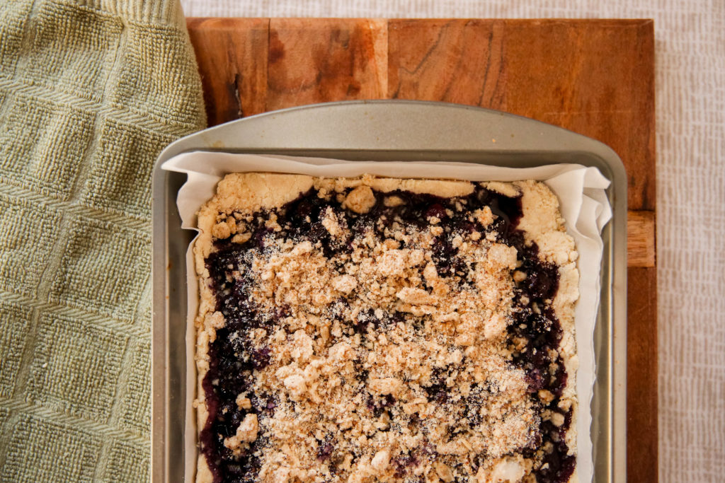 assembled blueberry crumble bars
